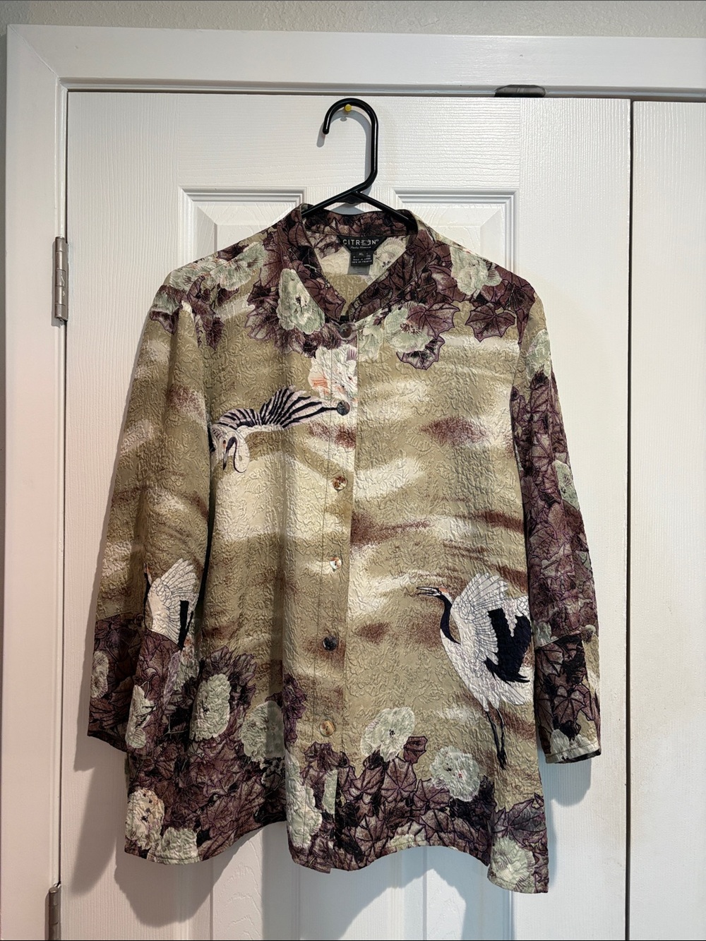 100% Silk Citron Floral Button-Up Tunic in Olive and Plum Tones - XL